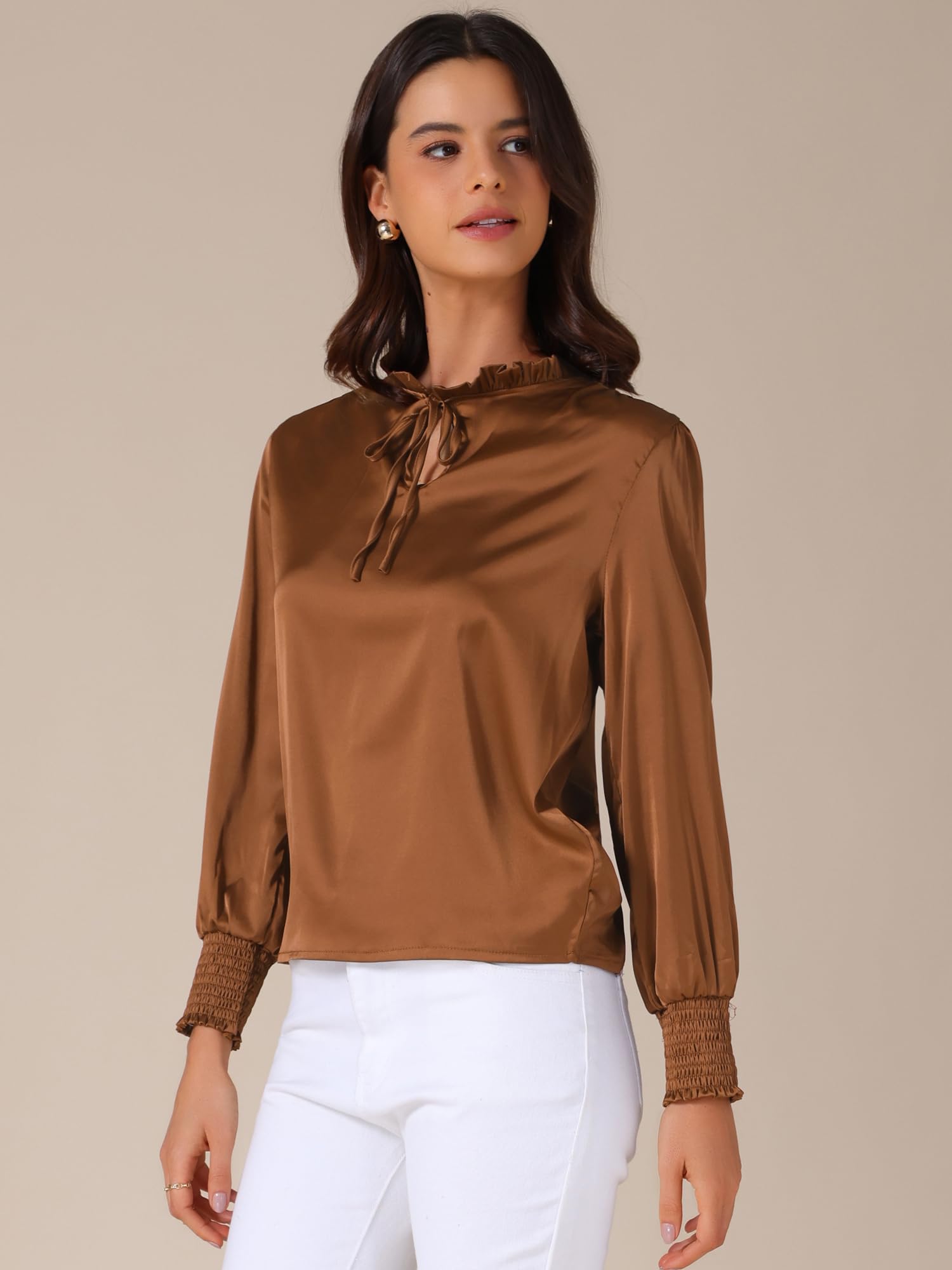 Allegra K Haut en satin à manches longues et col montant à nouer soi-même pour femme
