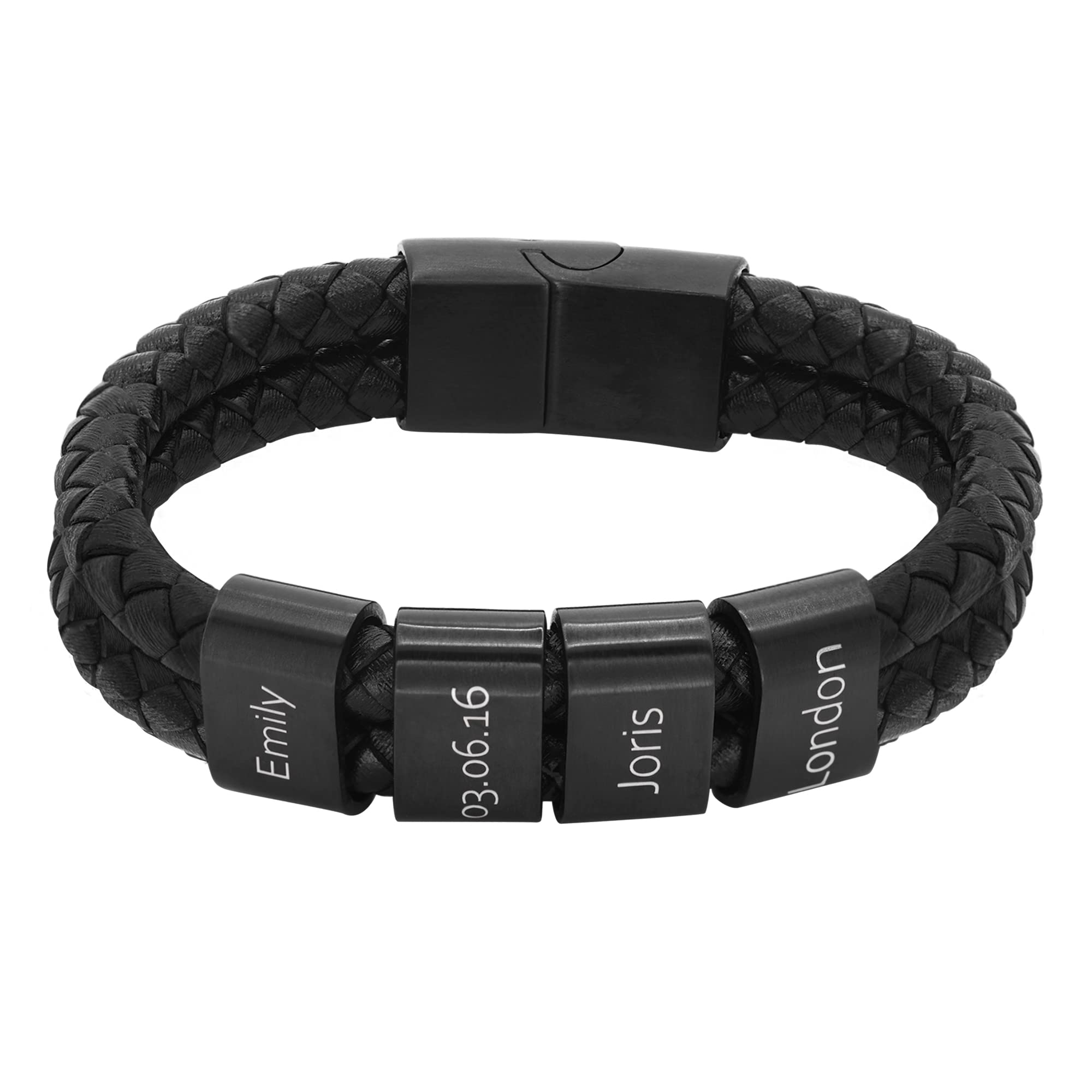 Heideman Armband Herren aus Leder schwarz matt - Lederarmband Elian mit schwarzen Gravurplättchen für Männer - Personalisiertes Geschenk