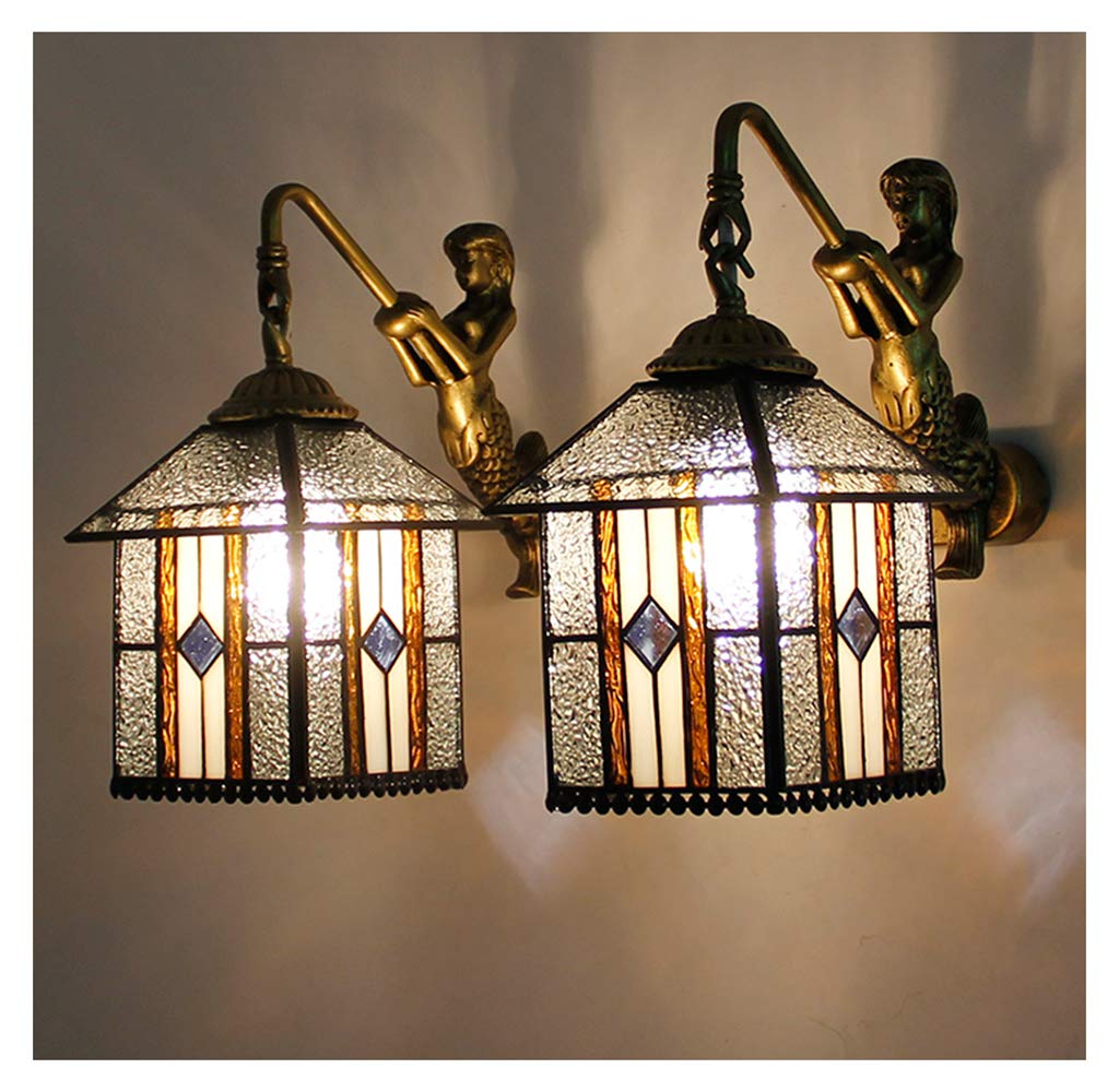 Aioneer Tiffany Style Wall Lights Vintage, European Pastoral Retro Stained Glass Handcrafted House Wall Lamps, Hallway Bedroom Cafe Bar Sconce E27,B-D