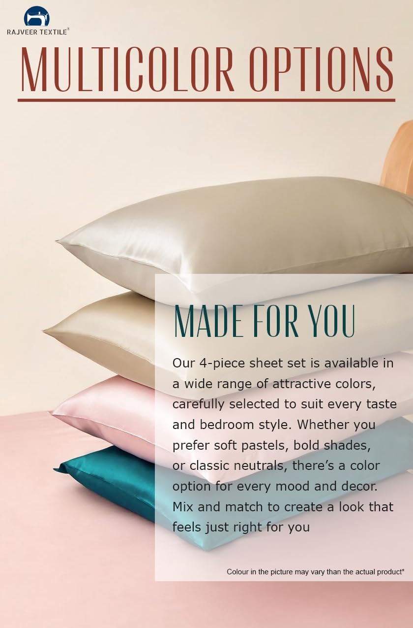 Luxury Mulberry Silk Bedding Set – 4 Pcs Luxury Silk Bedding | Ultra Soft, Breathable | 15” Deep Pocket Fitted Sheet + Flat Sheet + 2 Pillow Covers King Size, Teal Green Color