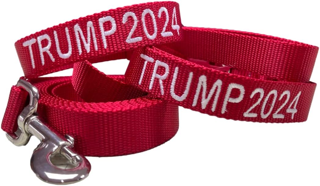 Handmade Trump 2024 Custom Embroidered Dog Collar and Leash Set, Choice of 30 Phrases, Republican Donald Trump Gift, for Small Medium Large Pets, Made in USA (Large: 1″ x 15-24″)