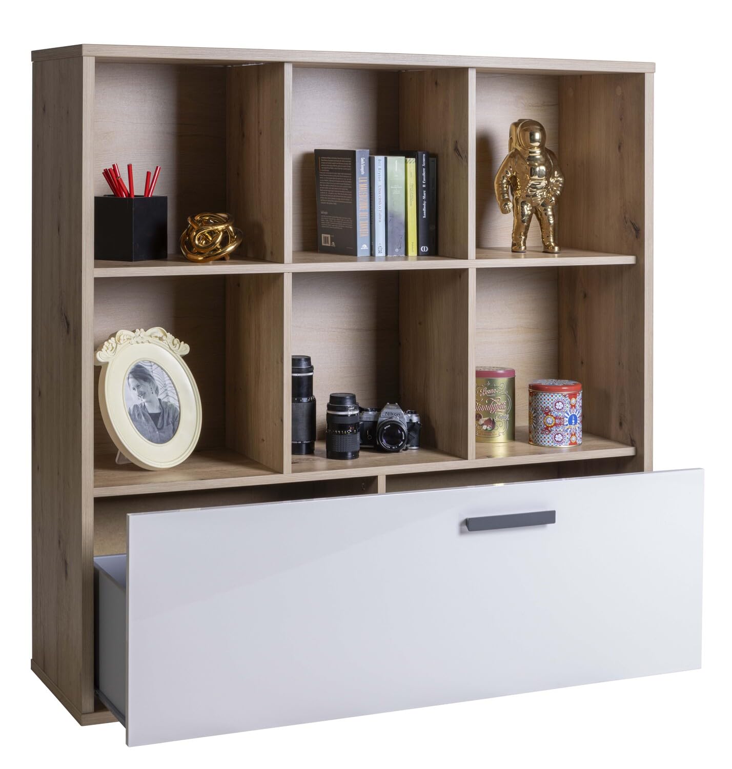 Composad | Libreria MiPiace con 6 Vani e 1 Cassetto per Cameretta, Mobile Contenitore Salvaspazio, (LxAxP) 119,3x120,3x35,7 cm, Rovere Mielato e Grigio Cashmere Laccato, Made In Italy