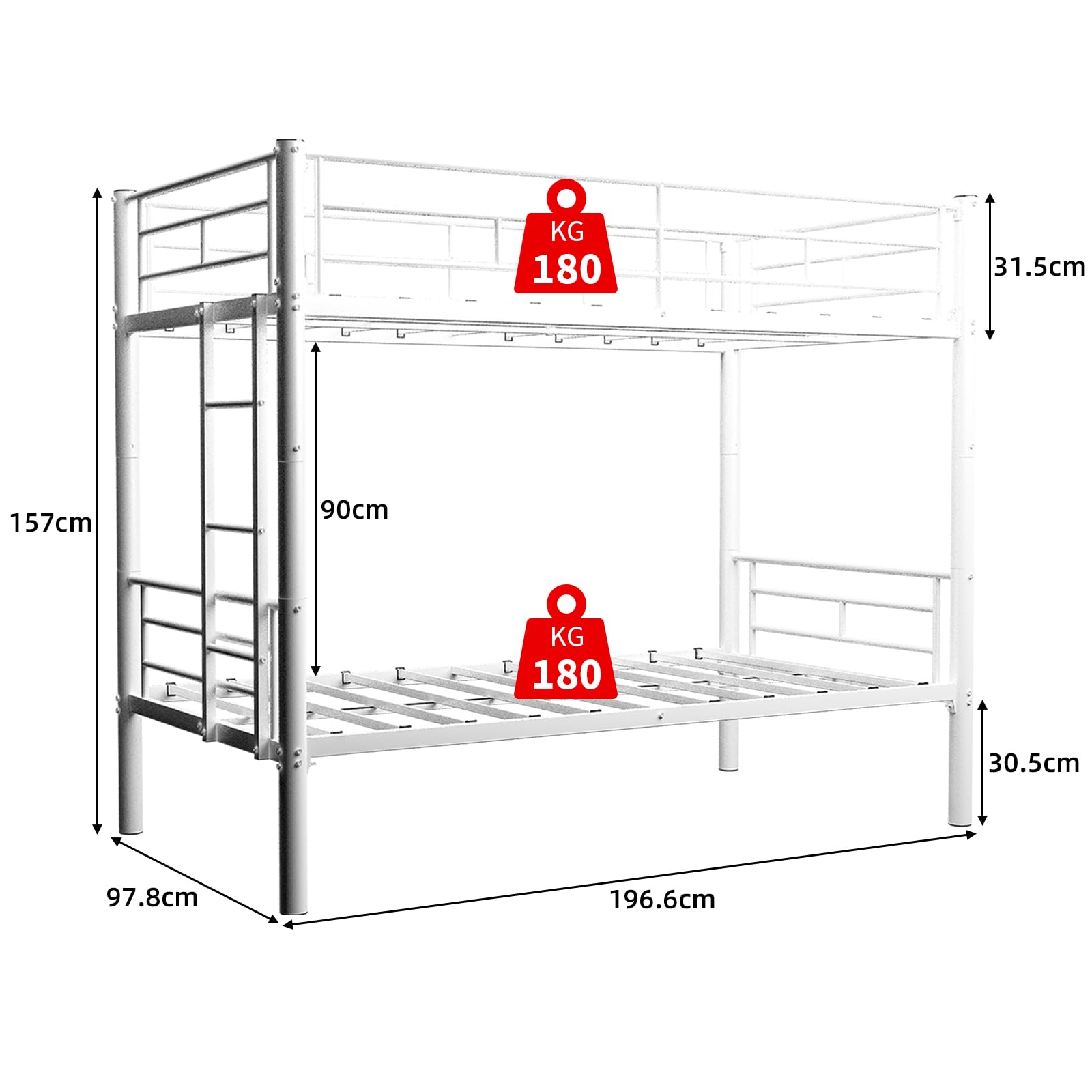Cama alta para niños, litera de metal, convertible, 2 camas, no requiere caja de muelles, con escalera y barandilla de longitud completa, para adolescentes y adultos (blanco A, 90 x 190 cm)