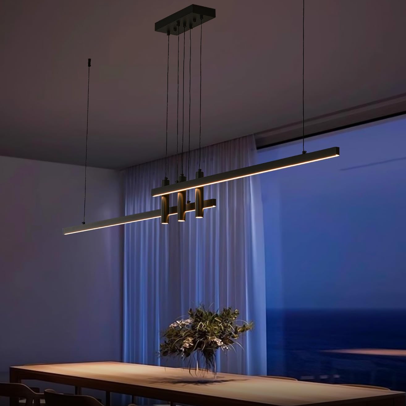HUASHARE Modern Black Linear Pendant Lights Kitchen Island Lighting Minimalist Led Chandeliers Pool Table Light Dimmable Ceiling Hanging Light Fixture Dining Room with Remote Control (59in)