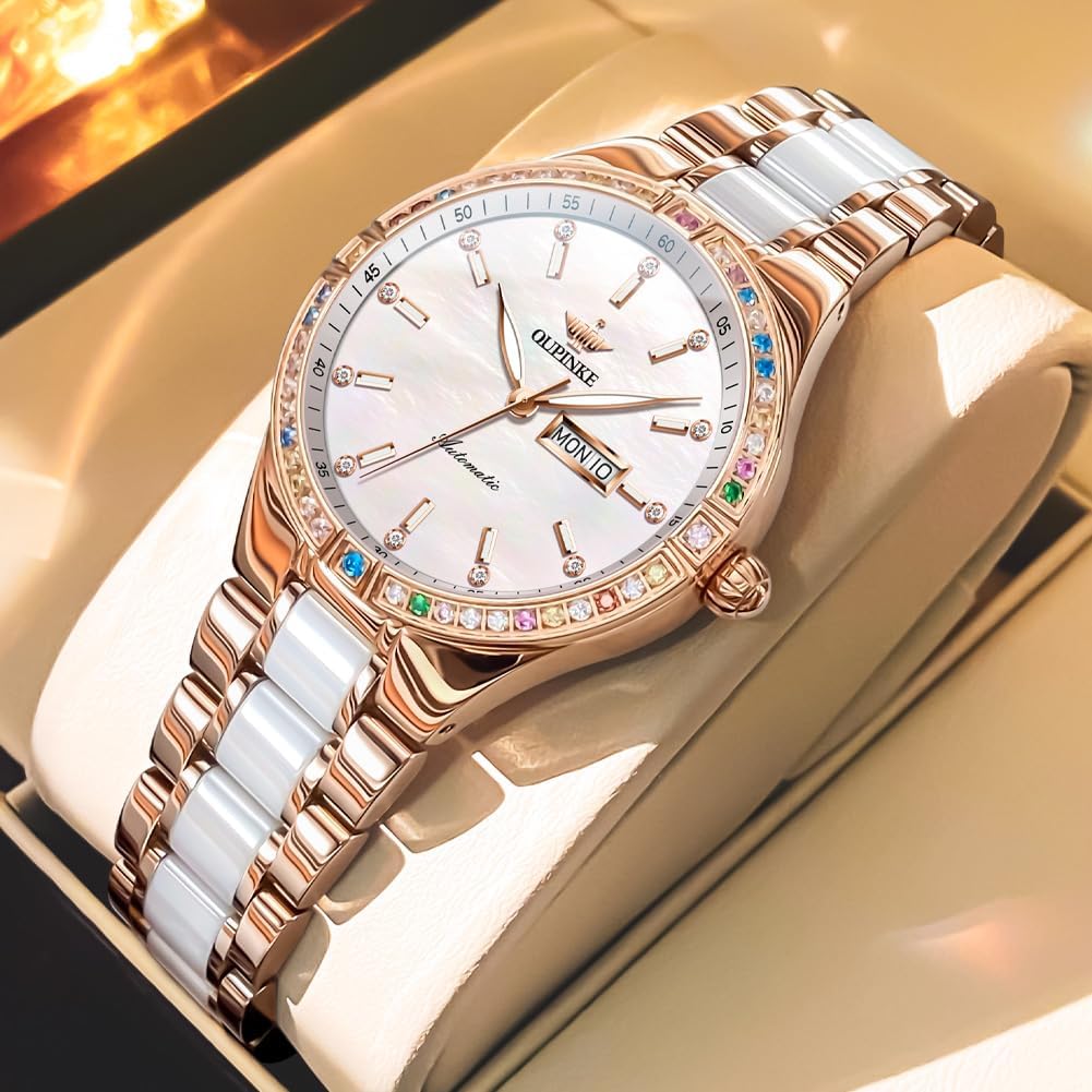 OUPINKE Women’s Automatic Watch Rose Gold Diamond Dial Luxury Elegant Wristwatch Sapphire Crystal Luminous Waterproof - Image 9