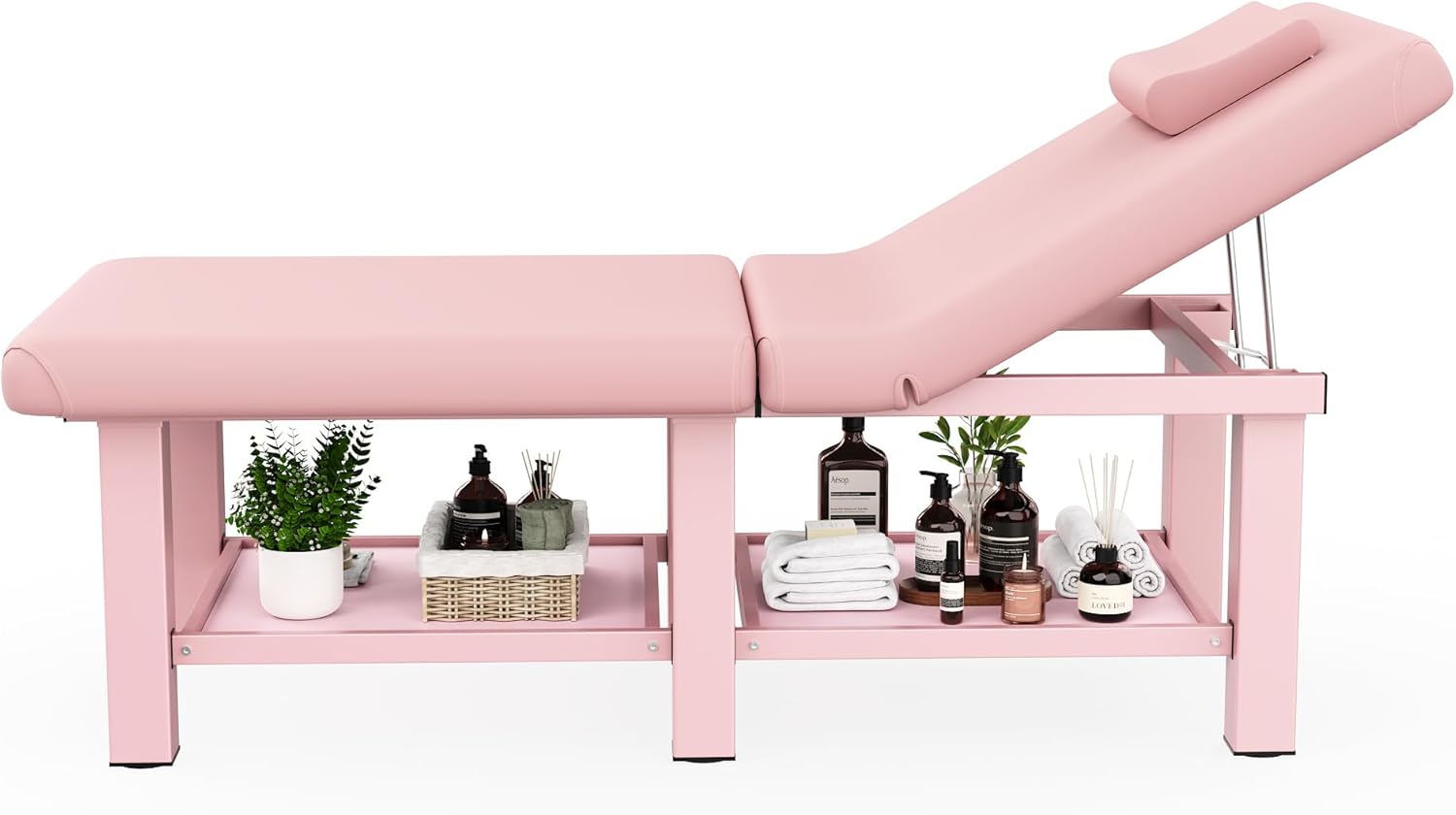 30.5'' Wide × 75'' Long Folding Stationary Massage Table with Backrest and Storage Space for Treatment Table Physical Therapy Table Spa Facial Bed, 6 Square legs, Metal Frame PU Leather - Pink