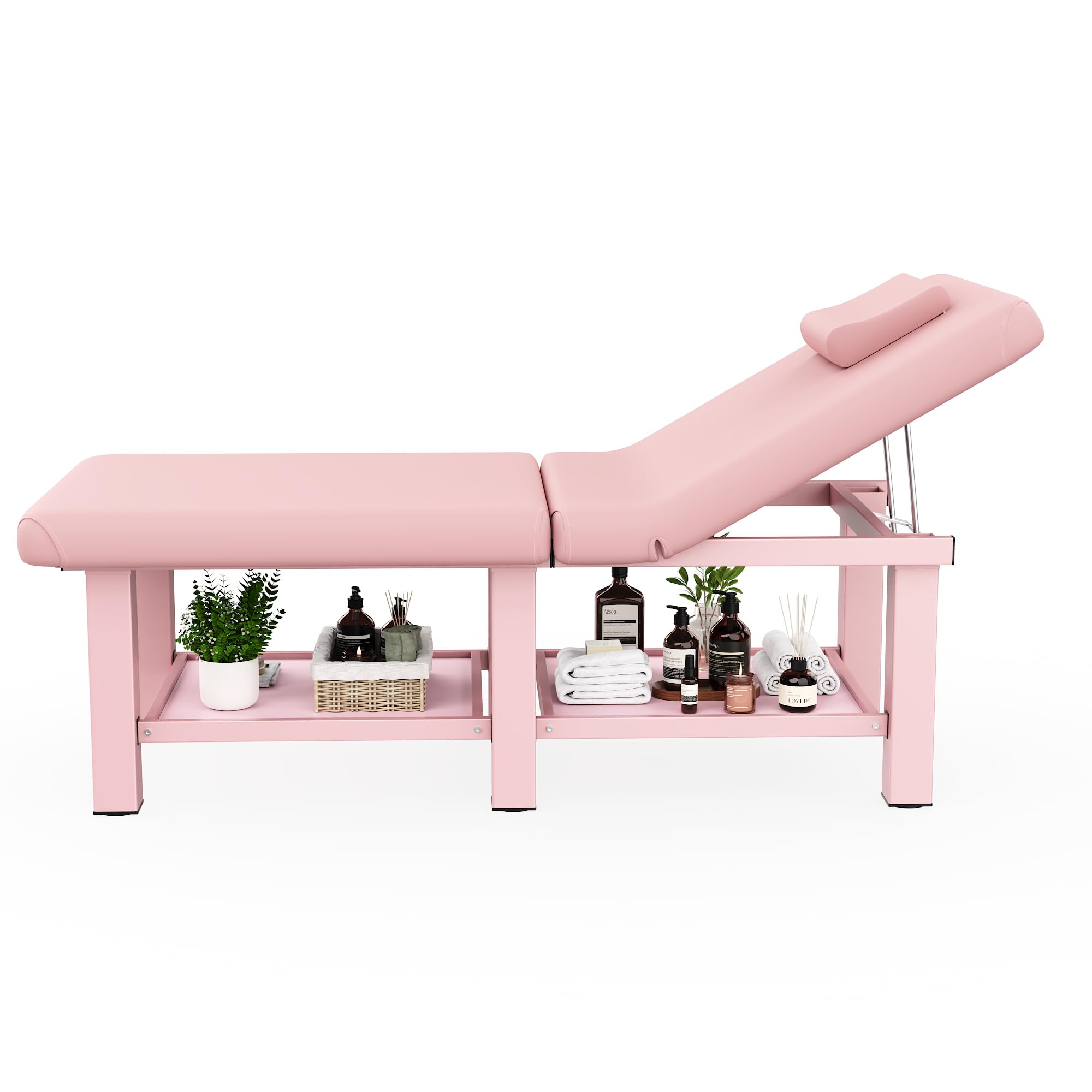 Dolonm 30.5in Wide × 75in Long Stationary Massage Table with Backrest and Storage Space, Metal Frame PU Leather for Treatment Table Physical Therapy Table Spa Facial Bed, Pink - 6 Square Legs