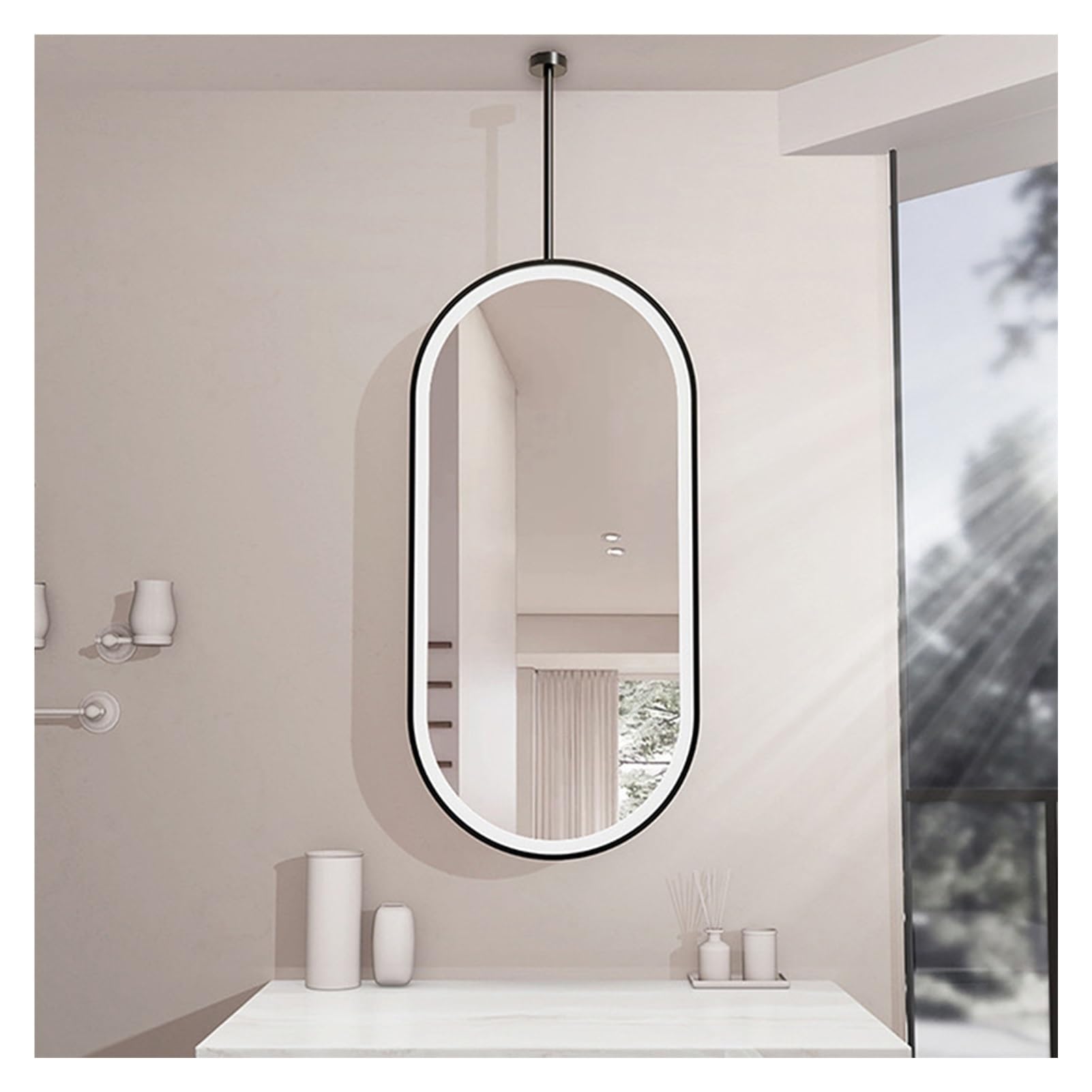 Miroir de rasage ovale lumineux avec cadre en fer noir pour toilettes