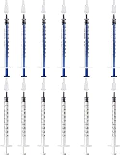 12Pcs 1ml Pipette Plastic Syringe with Caps, No Needle Reusable Plastic Syringe,with Measurement for Scientific Labs Experiment,Dispensing, Measuring Liquids,Plant Watering ,Feeding Pets,Oil or Glue Samplers,Individual Package(Blue,White )