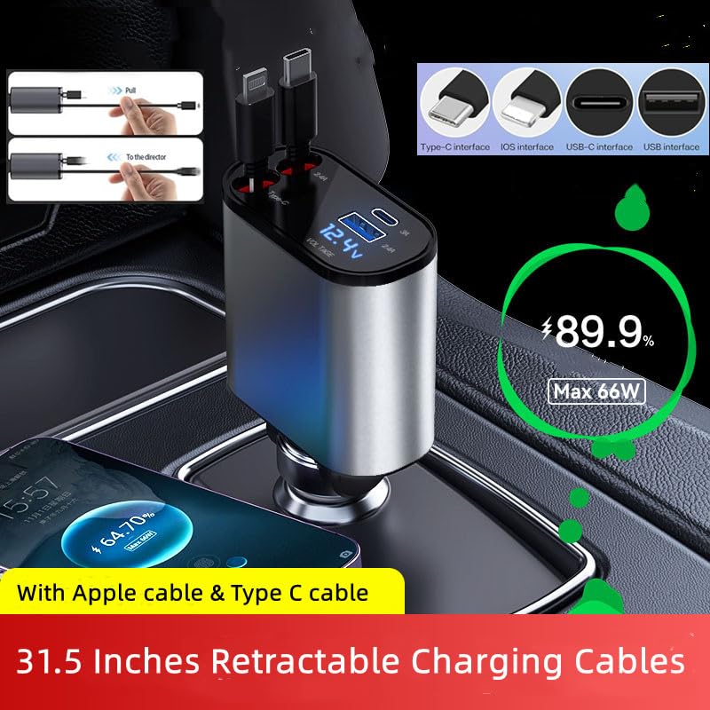 Teilybao Retractable Car Charger,Type C Fast Car Phone Charger with 120W Power, 2 USB Ports, and Retractable Cables,Compatible with iPhone Models 16/15/14/13/12/11/iPad and Galaxy Models S23/S22/S10.