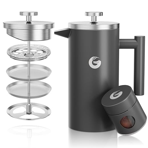 Coffee Gator French Press Coffee Maker- Insulated, Stainless Steel Manual Coffee Makers For Home, Camping w/ Travel Canister- Presses 4 Cup Serving- Large, Gray (34 fl oz)
