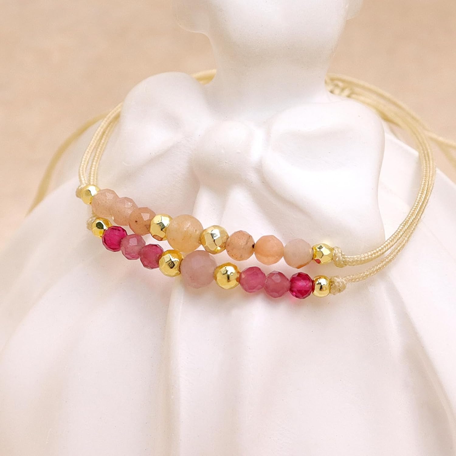 Dainty Pink Red Orange Natural Stone Beads Bracelets Set for Women, Trendy Boho Handmade Adjustable Stackable Gold Beaded Strand Bracelet Fashion Jewelry Gift. - Image 4