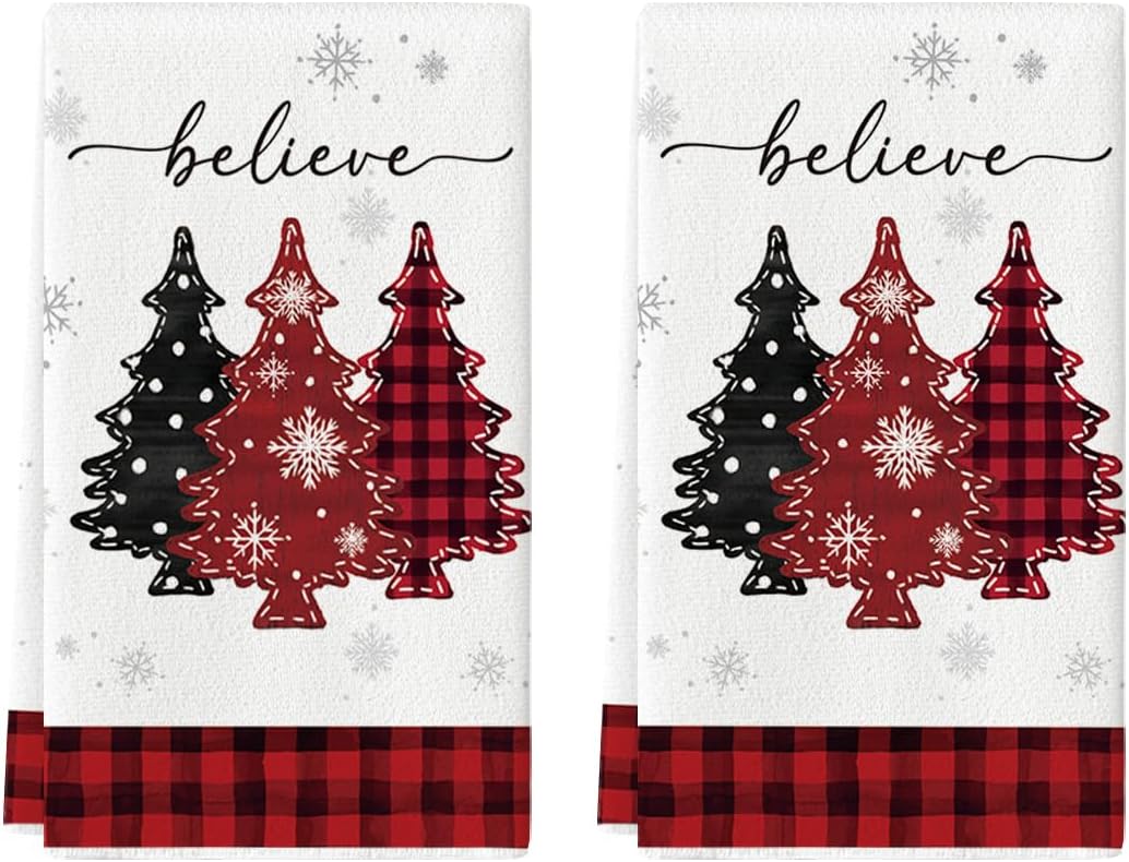 Artoid Mode Red Pine Trees Merry Christmas Kitchen Towels Dish Towels, 18×26 Inch Holiday Believe Xmas Winter Decoration Hand Towels Set of 2 Artoid Mode Red Pine Trees Merry Christmas Kitchen Towels Dish Towels, 18×26 Inch Holiday Believe Xmas Winter Decoration Hand Towels Set of 2