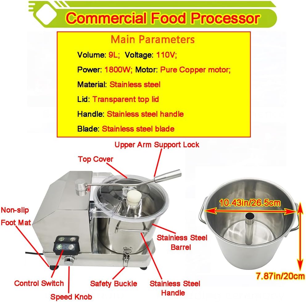 9L Commercial Food Processor Stainless Steel Meat Vegetable Chopper Multifunctional Food Cutter Meat Grinder Meatball Beater 1800W Electric Blender for Fruit Vegetable Grains Garlic