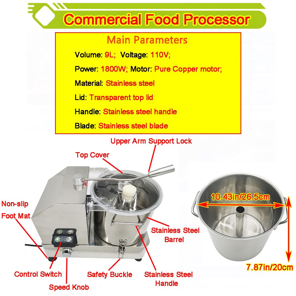 Procesador de alimentos comerciales de 9L Cortador de verduras de carne de acero inoxidable Cortador de alimentos multifuncional Molinillo de carne Batidor de albóndigas Batidora eléctrica 2