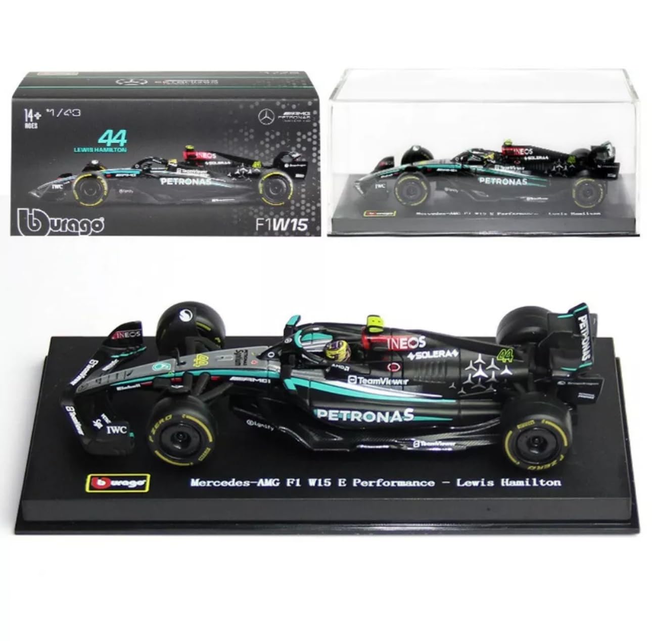 HTLNUZD Bburago 1:43 2024 New F1 Mercedes W15#4 Lewis Hamilton Alloy Racing Car 1/43 Formula One Model Car Die Cast Adult Collection Vehicles Gift (Acrylic box version)