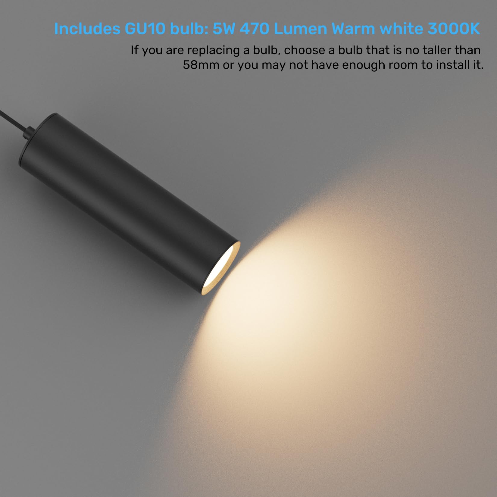 Klighten Lampara Techo Colgante GU10 Cilindro Moderno, Lámpara Colgante Aluminio, Luz Colgante para Salón Dormitorio Cocina Cama, con Bombilla GU10 5W 470LM Blanco Calido 3000K, 30cm, Negro