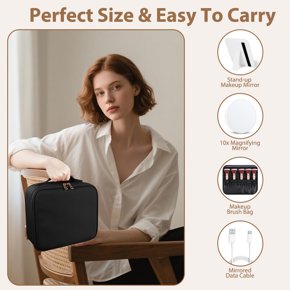 OSDUE Estuches de Maquillaje con Espejo Iluminado, PU Impermeable Maquillaje, Recargable Espejo LED (3 Colores y Regulación Continua) Profesional Neceseres de Viaje, EVA Compartimentos Ajustables Nero