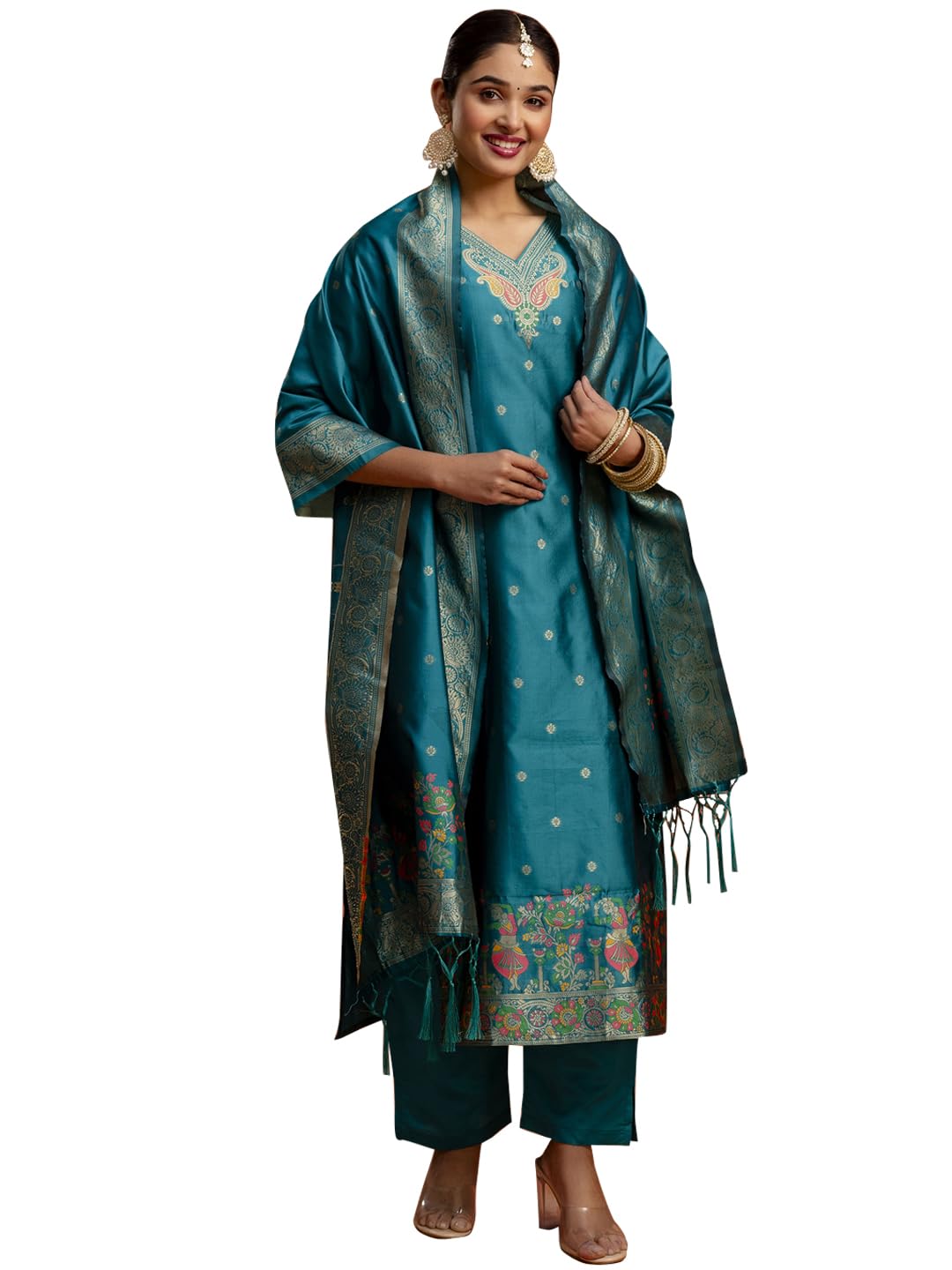 VredeVogel Women’s Cotton Silk Blend Zari Work Kurta Pant Set with Banarasi Minakari Silk Dupatta | Modern & Traditional Blend Ethnic Wear Set VredeVogel Women’s Cotton Silk Blend Zari Work Kurta Pant Set with Banarasi Minakari Silk Dupatta | Modern & Traditional Blend Ethnic Wear Set