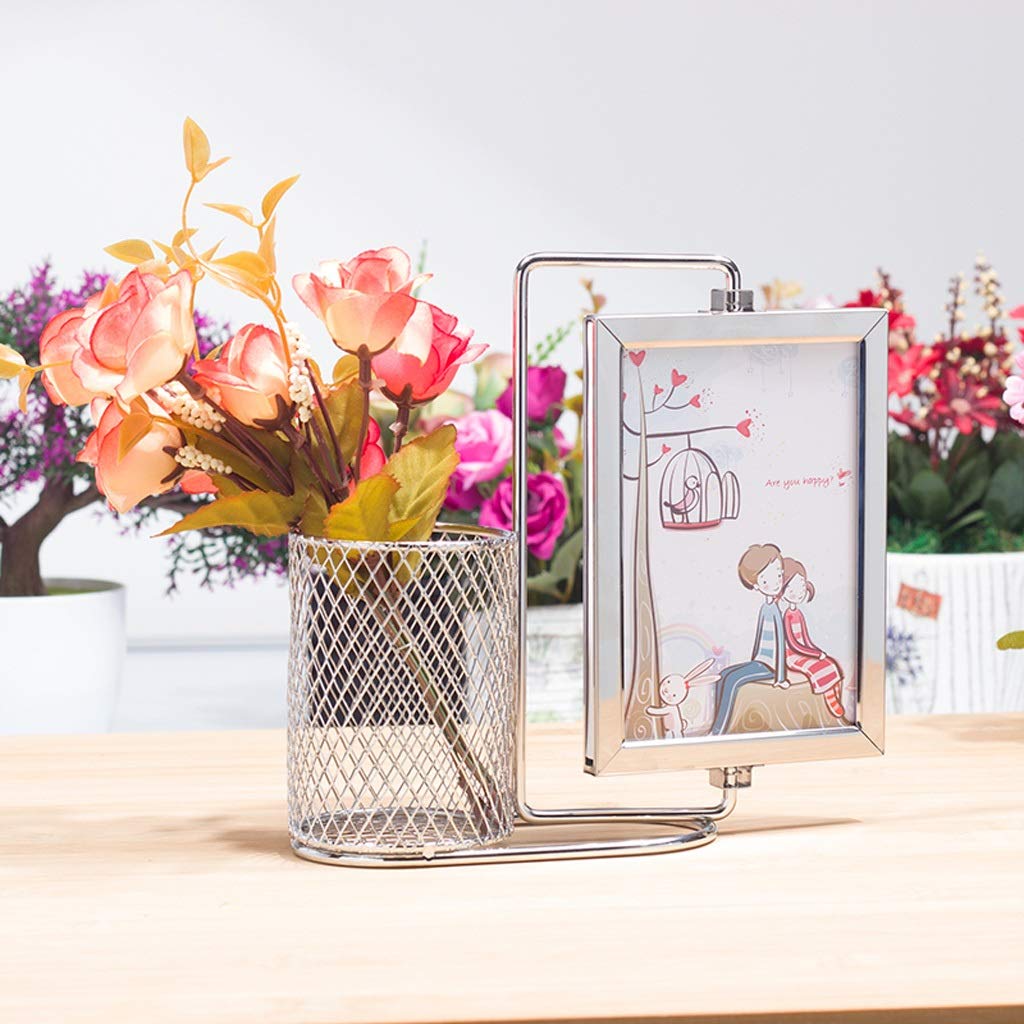 Photo Frame Photo Frame with Metal Pen Holder Net Desktop Pencil Organizer Rotary Photo Frame to Hold 2 Ministry Supplies
