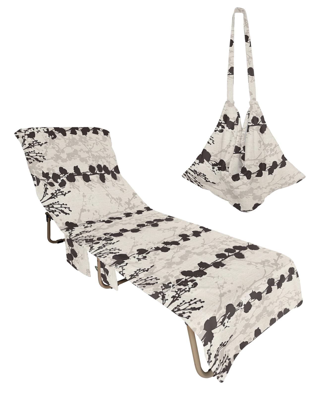 Black Grey Botanical Beach Lounge Chair Towel Cover, Soft Chaise Lounge Towel with Side Pockets Patio Pool Chairs Cover for Beach/Pool Sunbathing 29x85 Watercolor Modern Abstract Art Rustic