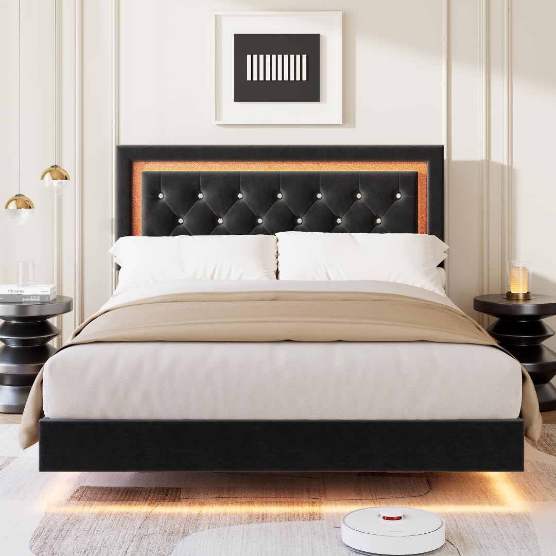 Garvee Floating Bed Frame Full Size with Smart Led Lights, Upholstered Platform Bed with Diamond Headboard, Solid Wood Slats Support, No Box Spring