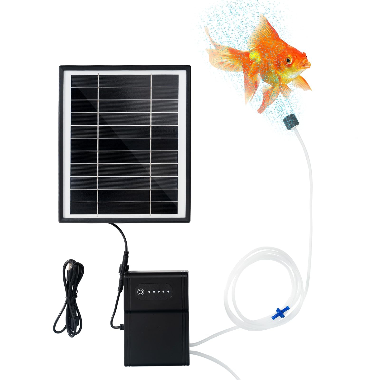 Pompes à air solaires, charge Type-C et charge solaire disponibles, oxygénateur 5W Pompe à air pour aquarium Aérateur de pêche avec tuyau Pierres à bulles d'air, pompe à oxygène solaire pour