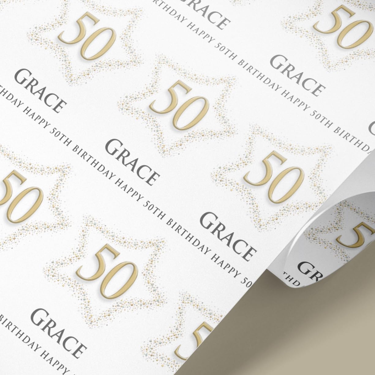 Luxury Personalised Birthday Wrapping Paper with Name & Any Age – Elegant Gold Milestone Star Design – Custom Premium 61cm Matte Gift Wrap Roll (6mt)