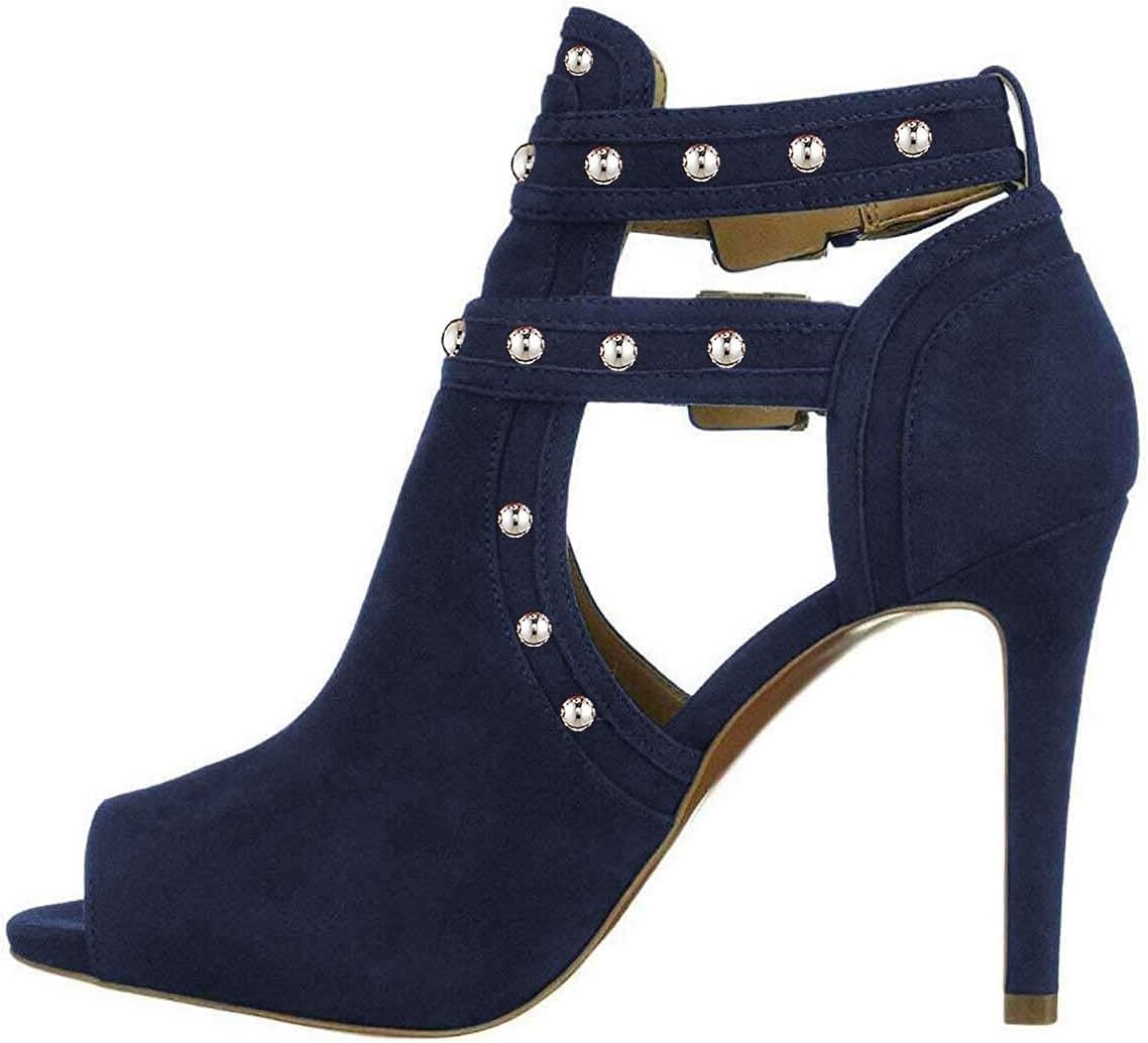 XYD Women Chic Studs Peep Toe Ankle Bootie High Heel Pumps Buckled Double Straps Cutout Fashion Party Shoes