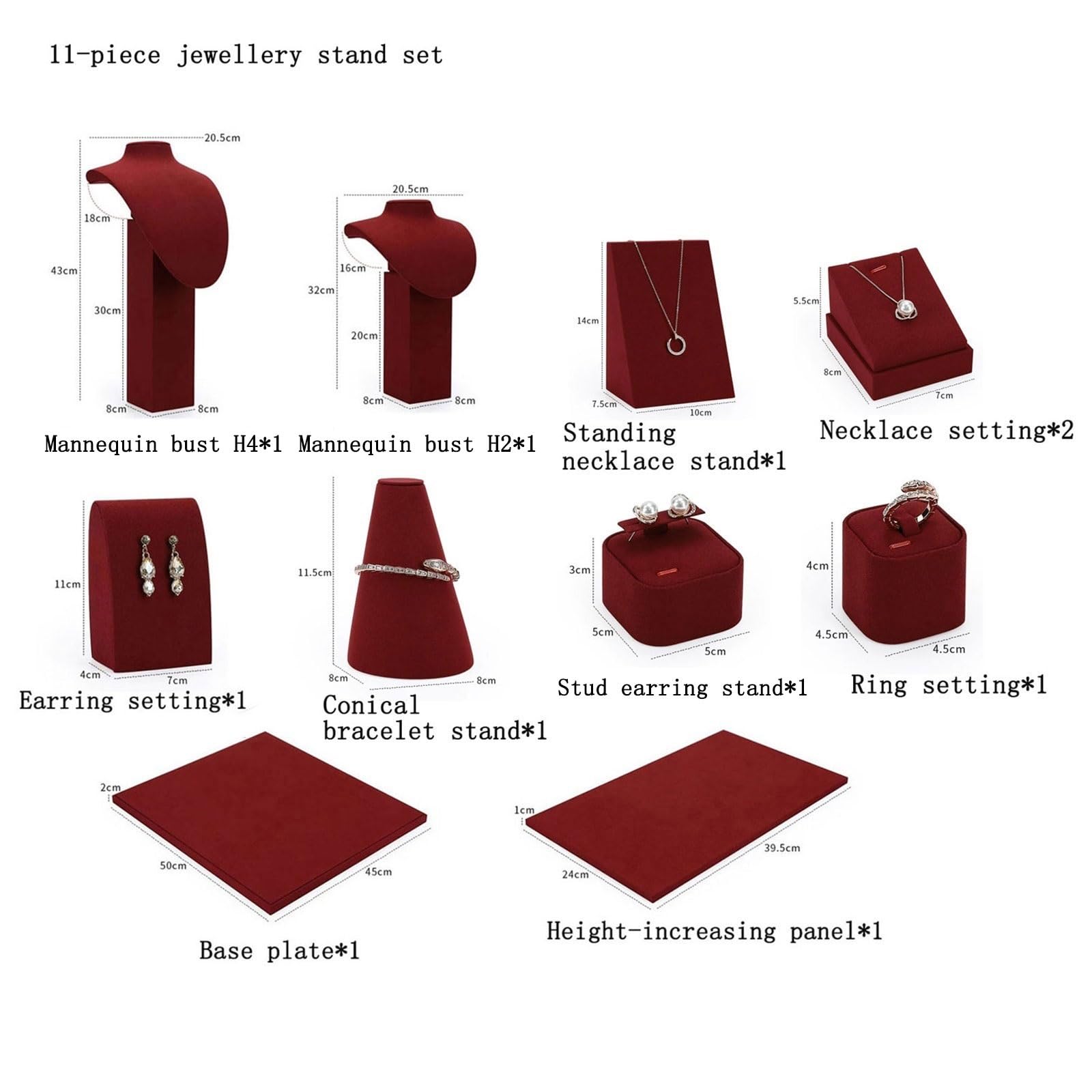 Organizer 11-teiliges Schmuckständer-Set aus roter Mikrofaser