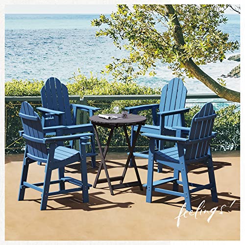 Lue Bona Tall Adirondack Chairs Set Of 2, Recycled Poly Adirondack Chair Bar Stools With Cup Holder, 25.6", 300Lbs, Eco-Friendly Balcony Chair, Weather Resistant Patio Stool For Balcony,Deck,Navy Blue #TOP1