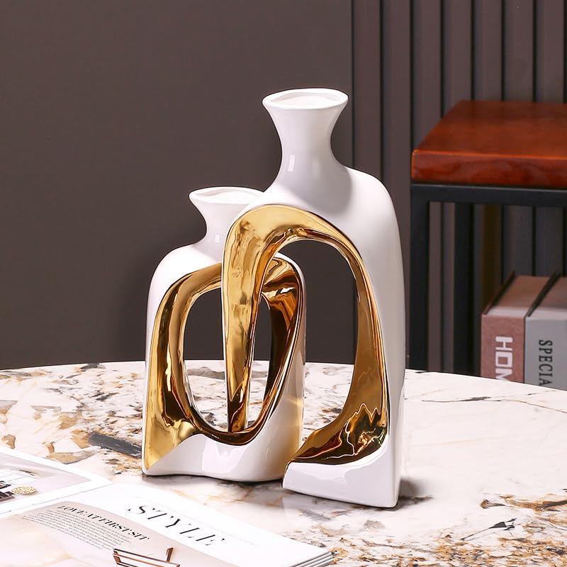2 Pieces White Gold Ceramic vase Set Home Ceramic Decorative vase furnishings Abstract Decorative vase Office Centerpiece Decoration Suitable for Bookshelves, Fireplace