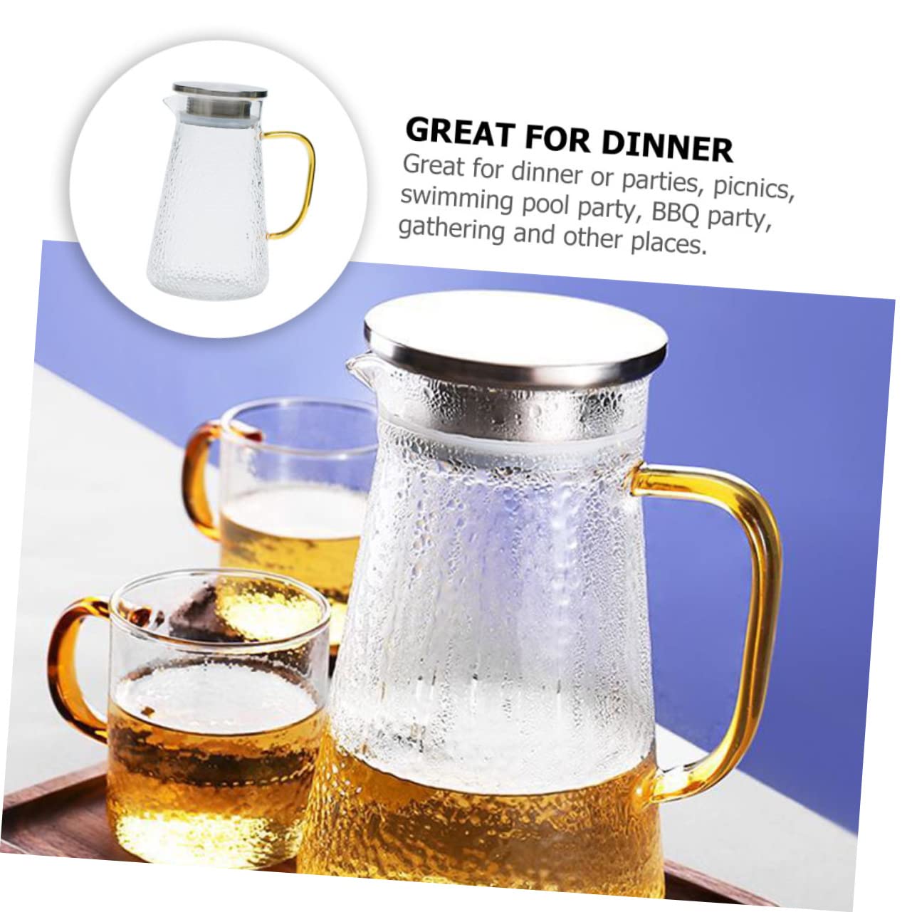 Jarra de Vidrio Delicada Multifuncional y Fácil de Almacenar Tapa de Acero Inoxidable de 1300ml Resistente para Agua Fría y Cerveza Adecuado para Picnics y Fiestas