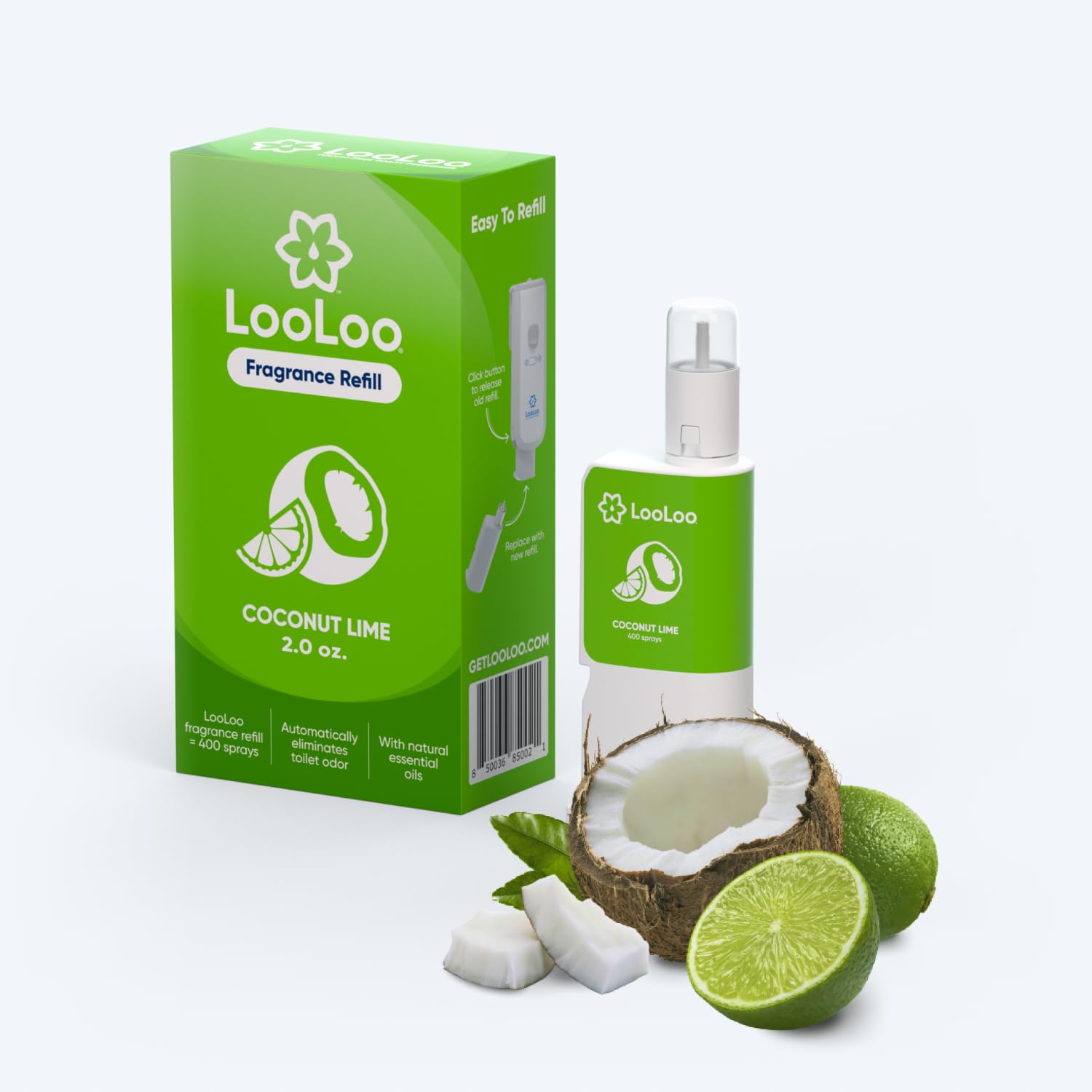 LooLoo Touch-Free Toilet Freshener Fragrance Refills- Natural Essential Oils - Toilet Smell Eliminator, Bathroom Deodorizer, Air Freshener Spray For Bathroom - Coconut LIme Fragrance 2.0 Fl Oz