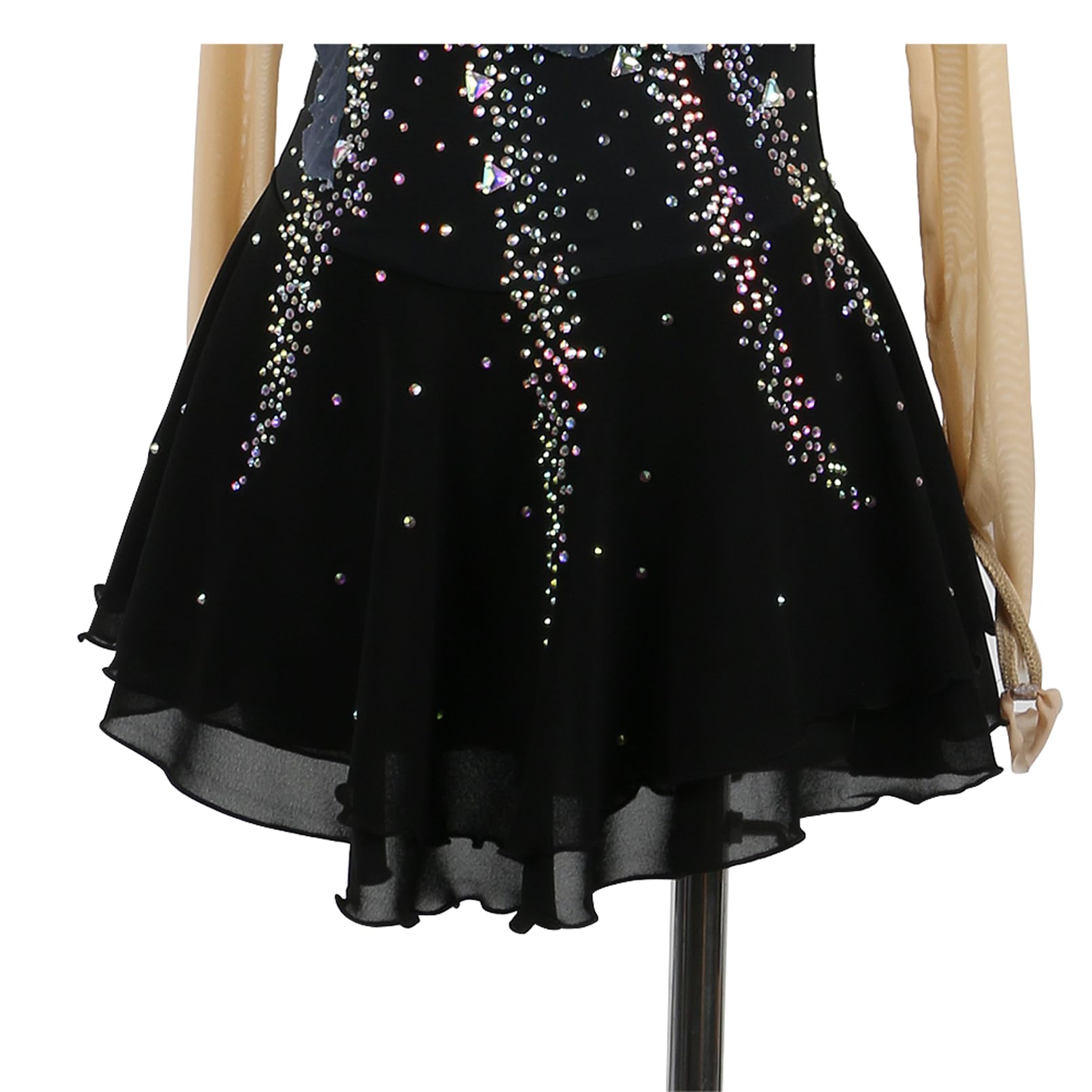 Vestido Patinaje Artístico Mujer Negra Manga Larga/Sin Mangas Pedrería Hecha a Mano Maillot Competición de Niña Vestido de Baile Latino