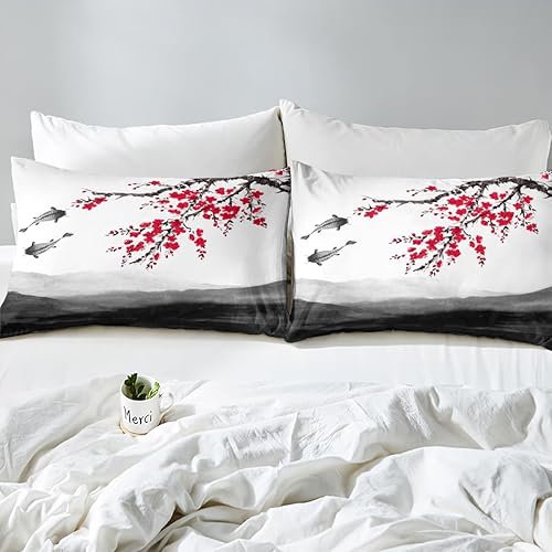 Miniatura 5 de Erosebridal Juego de ropa de cama con diseño de flores de cerezo tamaño King para niños y niñas, funda de edredón de estilo japonés para mujeres y