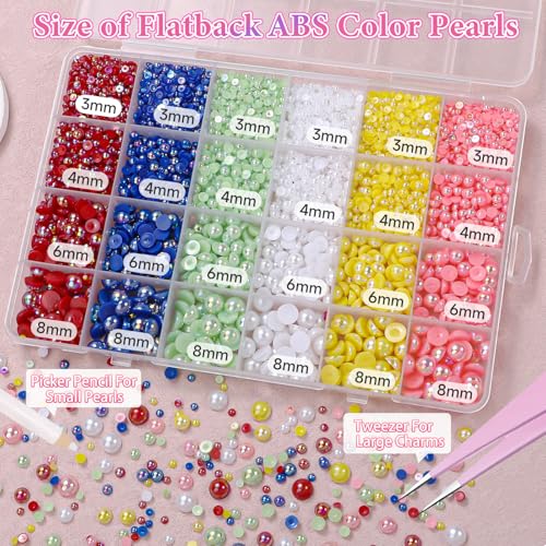 Image of 9000Pcs Flatback Pearls for Crafting, Red Blue Green Nail Half Pearls, 3-8mm Pink Yellow White Half Round ABS Flatback Pearl Beads Bedazzling for Nails DIY Shoes Clothes Bags