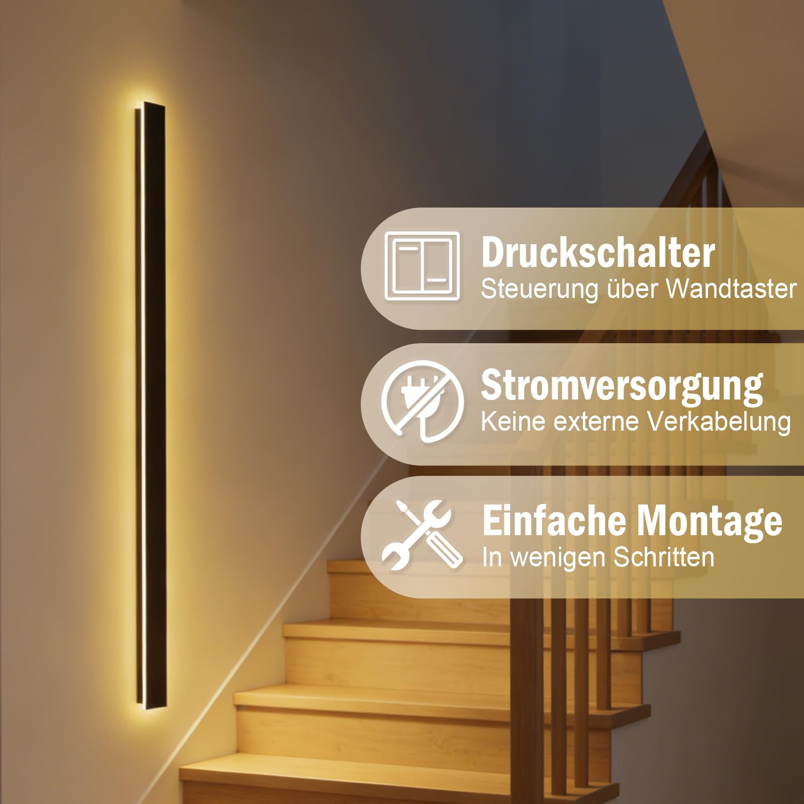 Lange LED Wandleuchte 60cm Schwarz Modern für Flur und Treppenhaus | Wandlampe Innen 20W aus Metall und Acryl mit 3 Lichtfarben 3000K 4500K 6000K in Wohnzimmer und Schlafzimmer