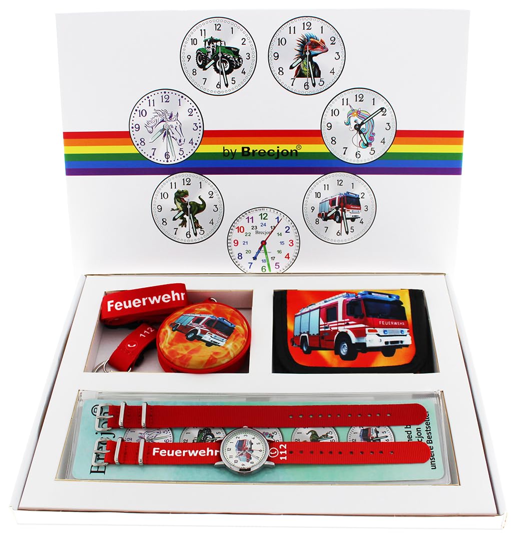 Geschenkset Feuerwehr Armbanduhr Jungen Kinderuhr Lernuhr Geldbörse Schlüsselband Display Schutz Motivdose 2 Armbänder