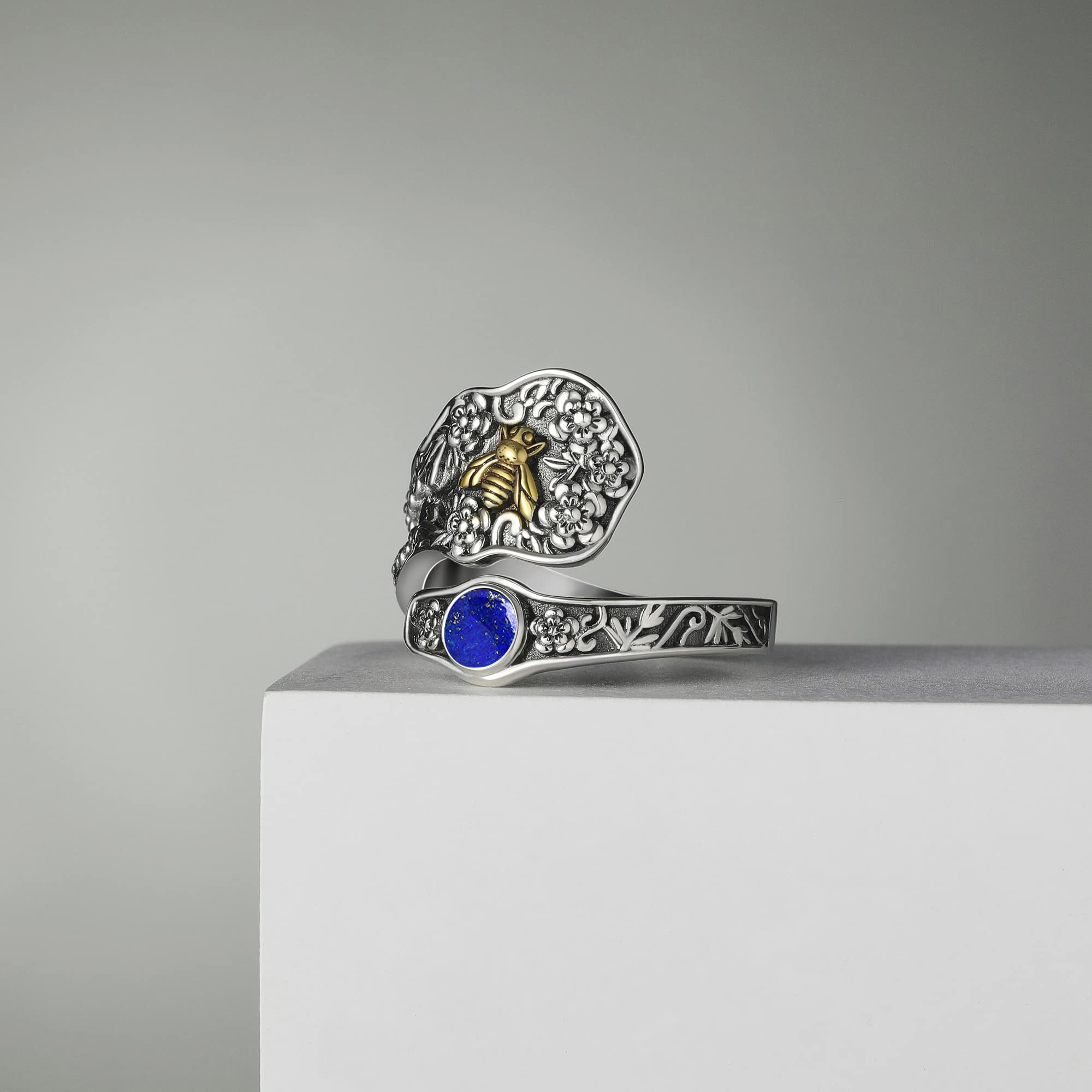 925 Sterling Silber Floral/Totenkopf Löffel Ring Vintage Verstellbarer Daumen Ring für Frauen Edelstein Ringe für Schwester Tochter Freund