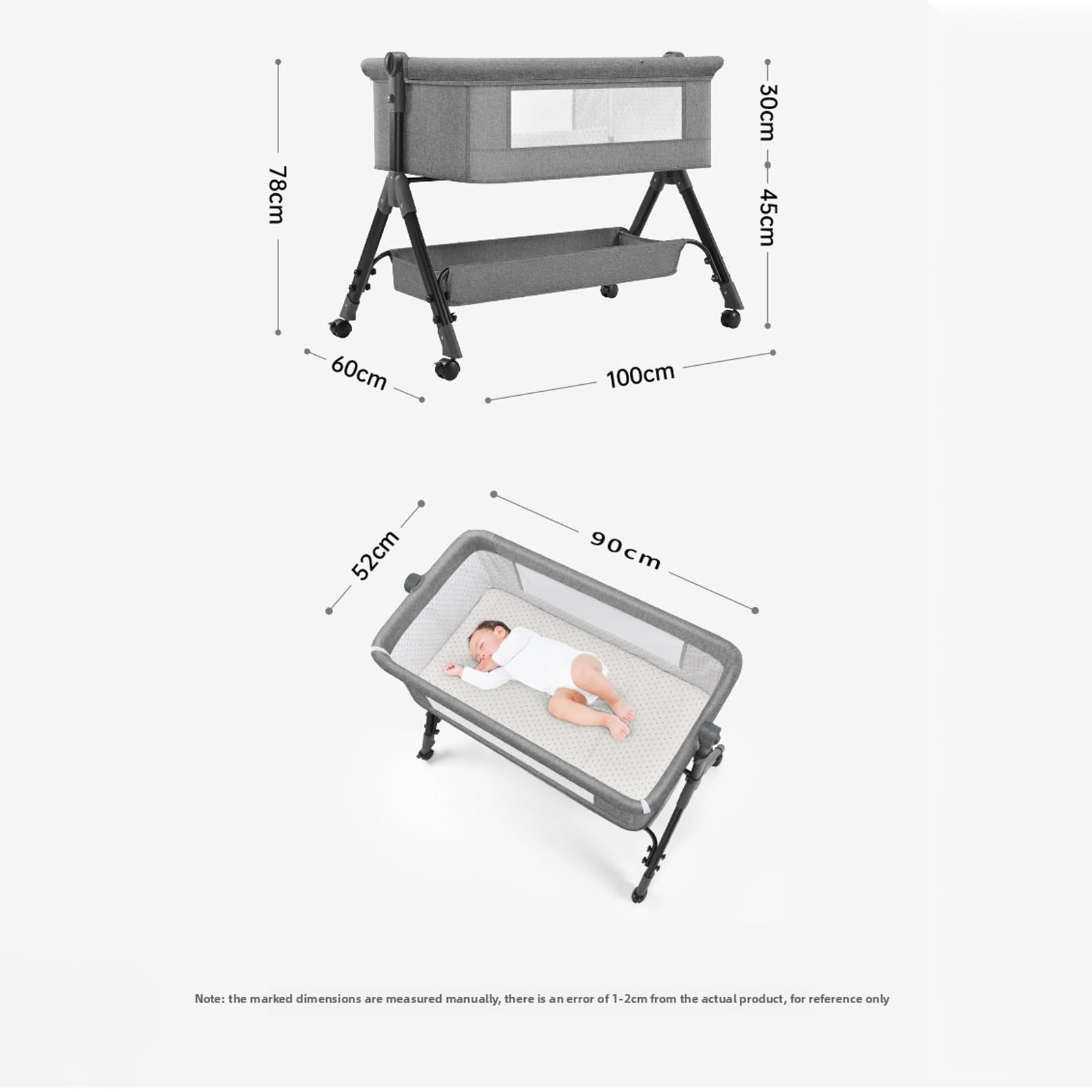 Baby-Beistellbett mit Matratze, Faltbare und Umwandelbare Babywiege, Verstellbare Co-Sleeping-Babybett mit Moskitonetz (Khaki)