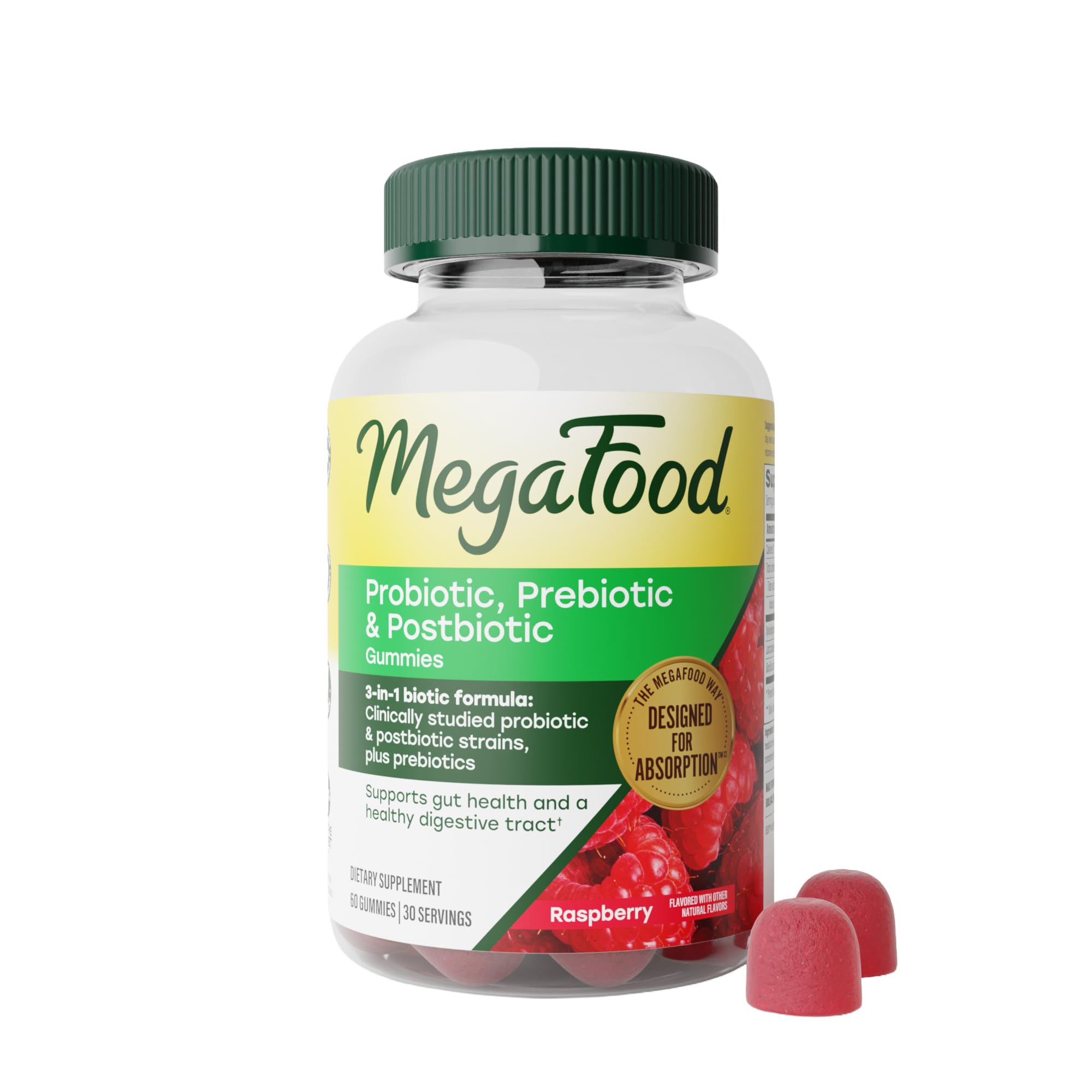 MegaFood Probiotic Prebiotic & Postbiotic Gummies, Raspberry, 60 Gummies