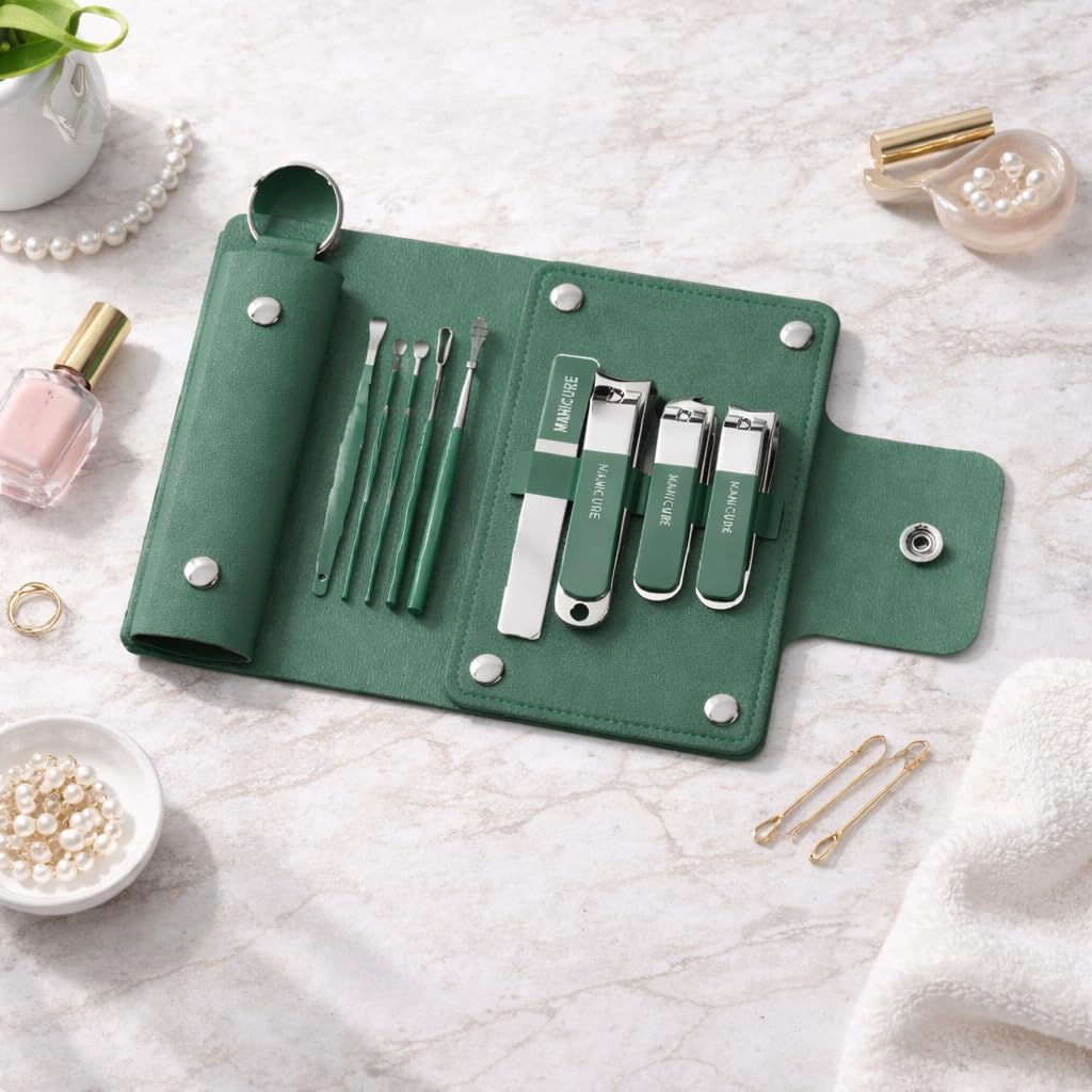 10 In 1 Nail Clipper Set Travel Mini Nail Kit with Leather Case, Stainless Steel Manicure Pedicure Kit with Case Professional Nail Care Tools for Men & Women (Pack of 1, Dark Green)-picture-34
