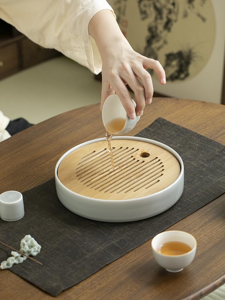 Juego de bandejas de té de cerámica para infusión seca china, diseño simple con olla elevada, bandeja para infusión, bandeja para infusión de té seco, bandeja para juego de té (A)