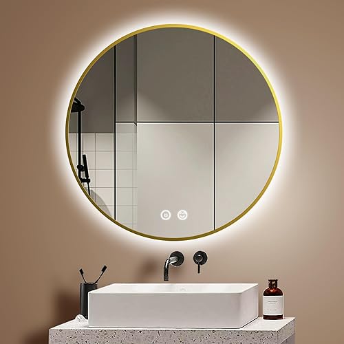 Espejo redondo LED para baño, retroiluminado, antivaho de 3 colores, luz regulable, montado en la pared, espejo de tocador de baño, espejo de