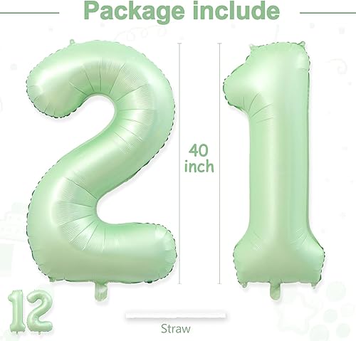 Miniatura 3 de Globos gigantes de papel de aluminio con el número 21, globos de aluminio de color verde claro de 40 pulgadas, globos gigantes de helio del número