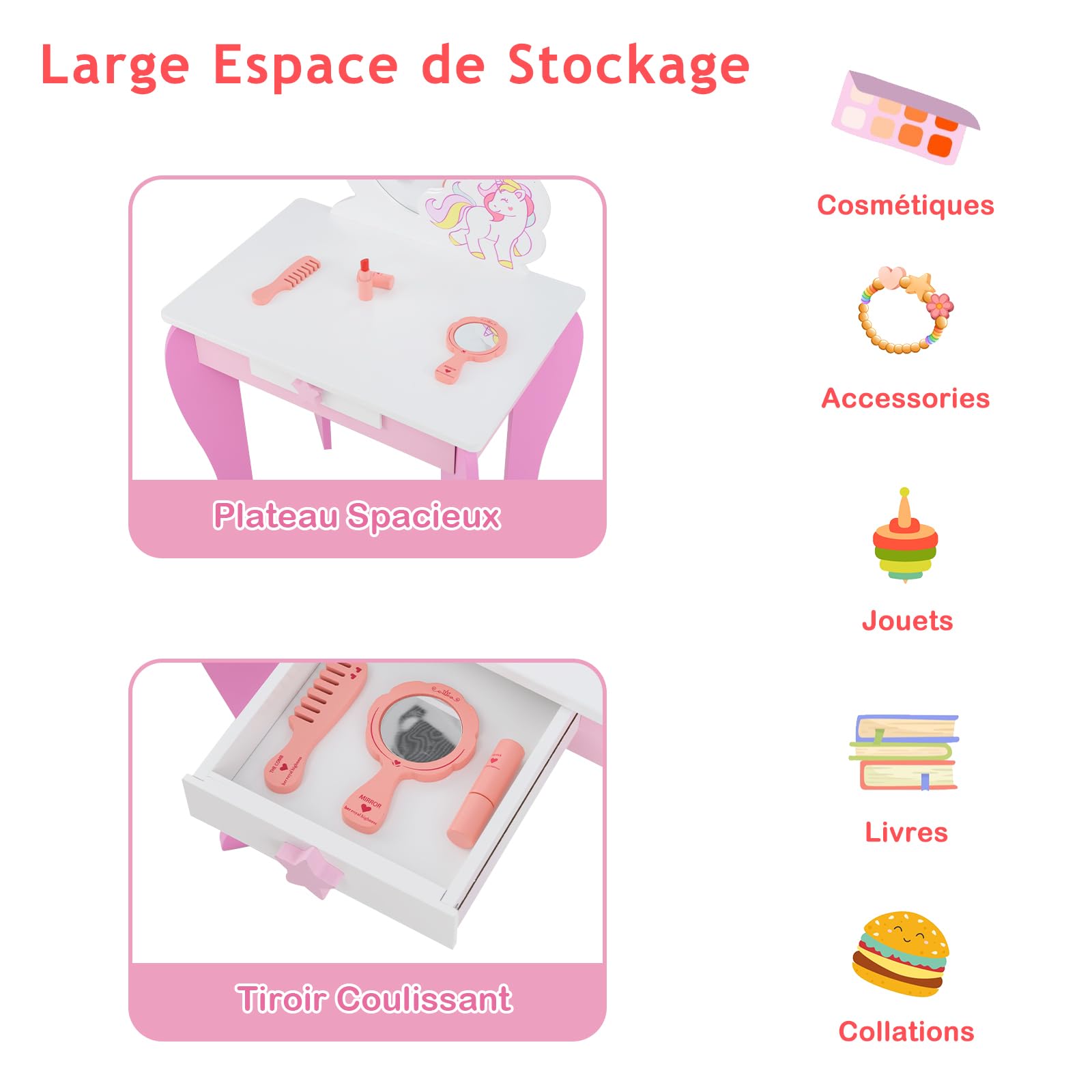 LIFEZEAL Coiffeuse avec Miroir et Tabouret Enfant, Coiffeuse Enfant Licorne Fille 3-7 Ans, Table de Maquillage Bois avec Tiroir pour Petite Princesse (Rose)