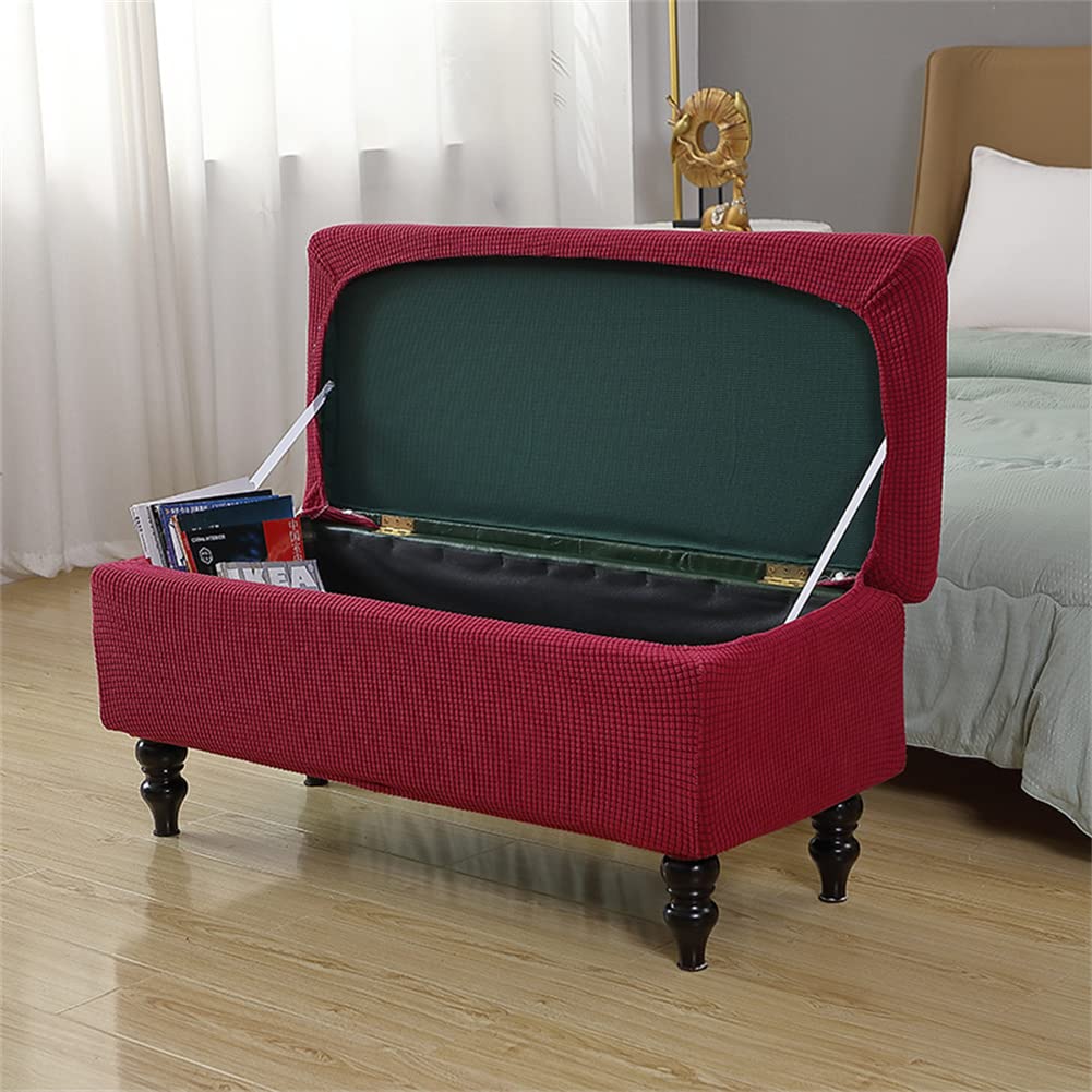 KTHVZ MaiYu-My Rectangle Storage Ottoman Covers Plain Color Stretch Foot Stool Cover Anti-Dust Polar Fleece Footrest Seat Slipcovers Protector (L 120-160cm,Wine Red)