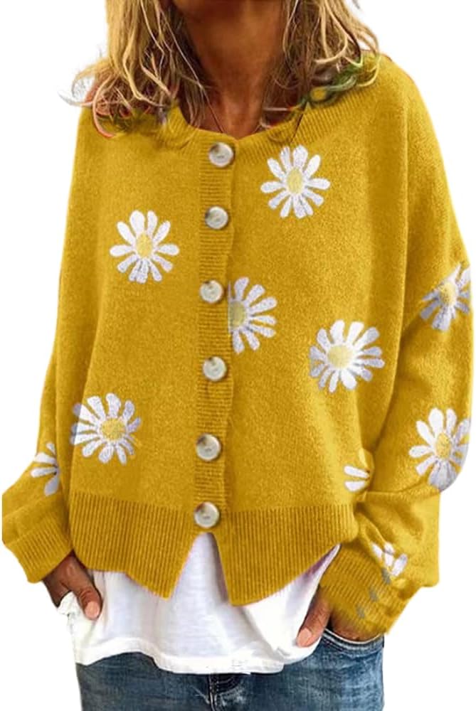Akivide Cute Sun Flower Cardigan Sweaters for Women Lightweight,Button Down Open Front Casual Knit Sweaters Coat Outwear 2023
