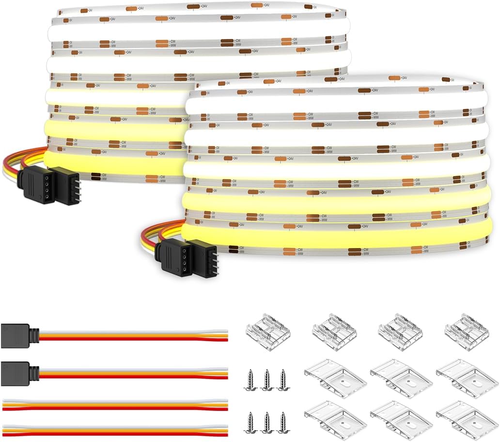 BTF-LIGHTING COB CCT Flexible High Density FCOB LED Strip 10M(2x5M) 640LEDs/m Tunable 3000K-6000K CRI＞90 Dimmable Deformable LED Light Ribbon IP30 DC24V(Only LED Strip)
